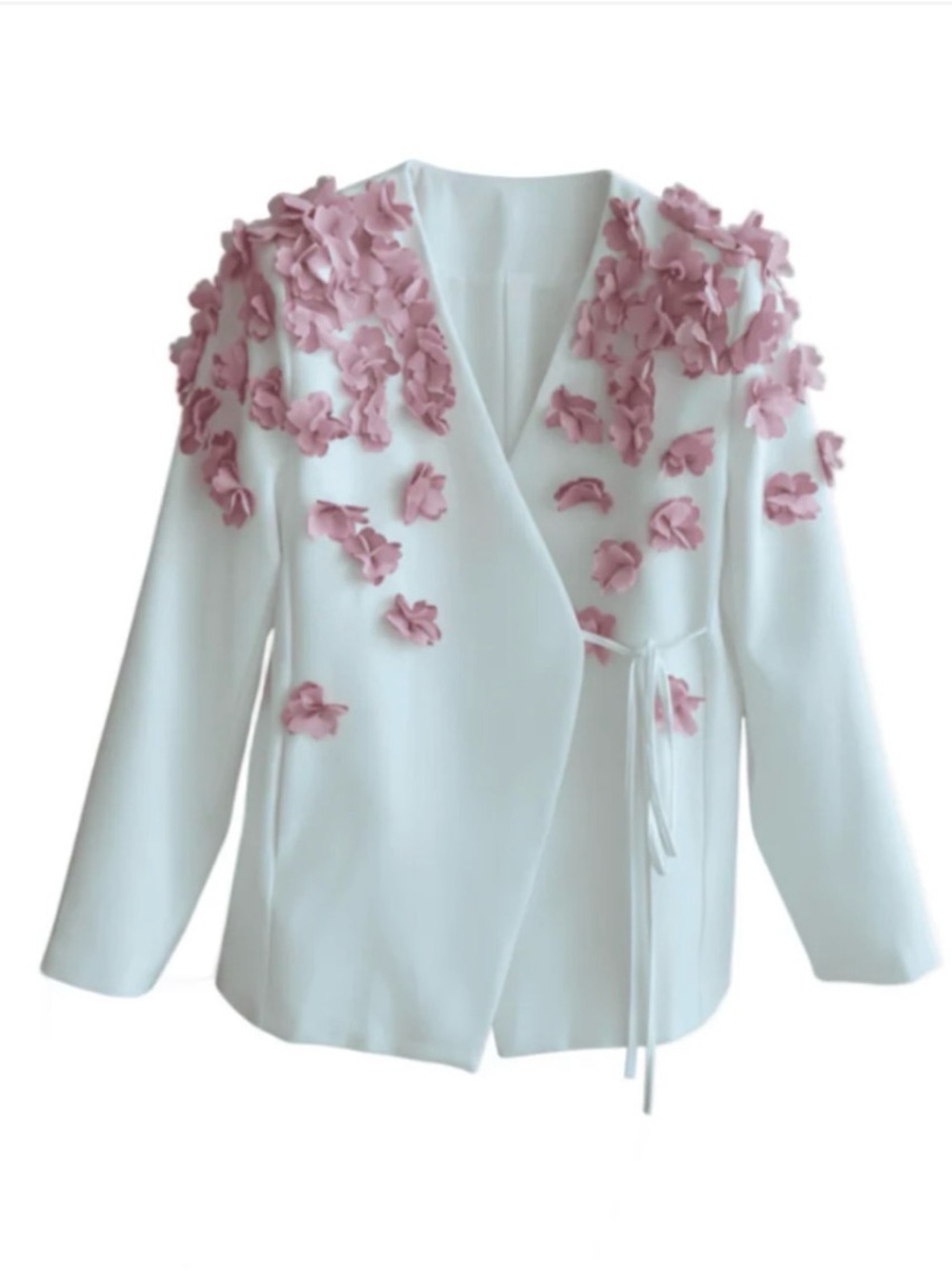 White Women’s Jacket with Pink Floral Appliqué - Elegant Wrap Style - Picture 2 of 6